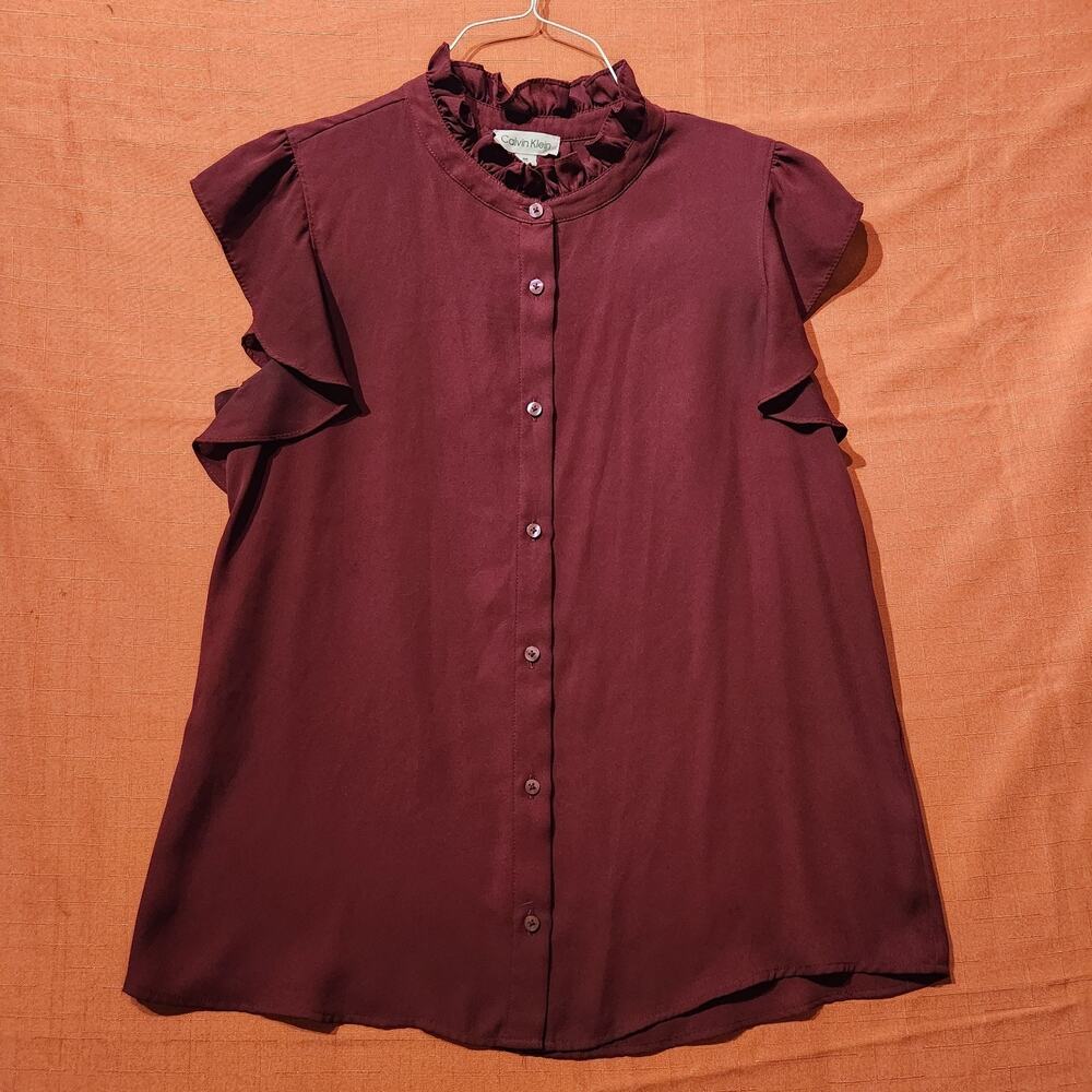 Calvin Klein Burgundy Red Sz M Short Sleeve Ruffle Button Down Blouse Officecore